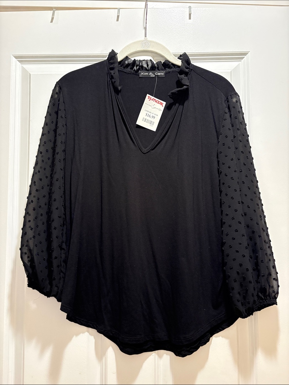 Kim & Cami Black Ruffle Neck V-Neck Blouse with Dotted Sheer Sleeves